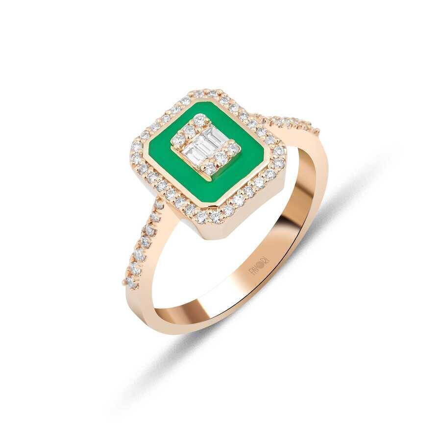 37 Karat Yeşil Mineli Baget Pırlanta Yüzük - 1