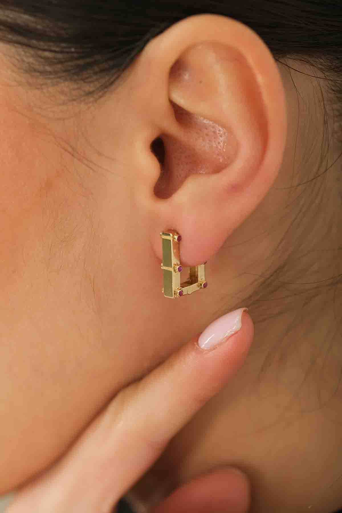 Bordo Taşlı Dikdörtgen Küpe - 1