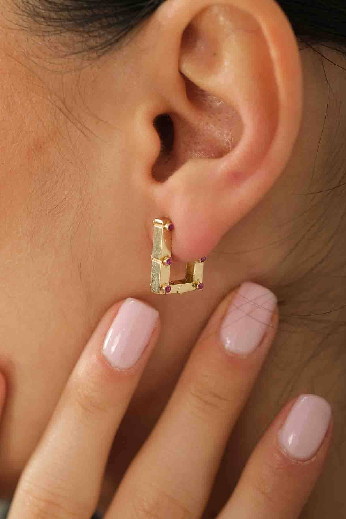 Bordo Taşlı Dikdörtgen Küpe - 2