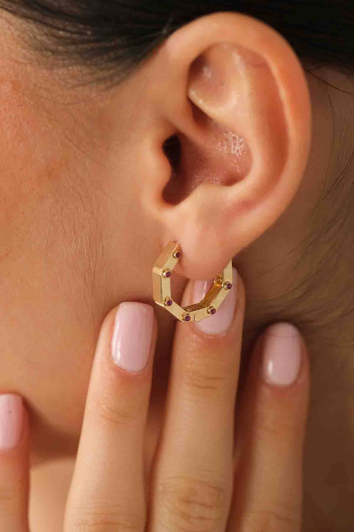 Bordo Taşlı Köşeli Küpe - (1)