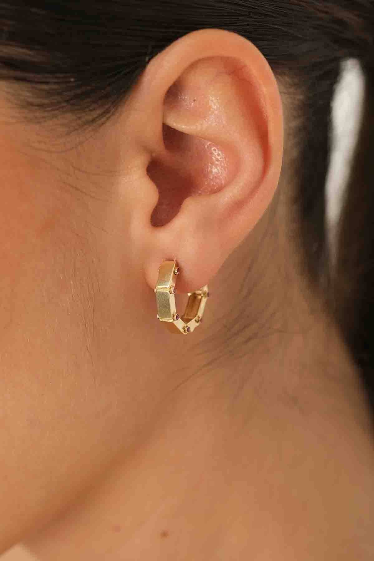 Bordo Taşlı Köşeli Küpe - 3