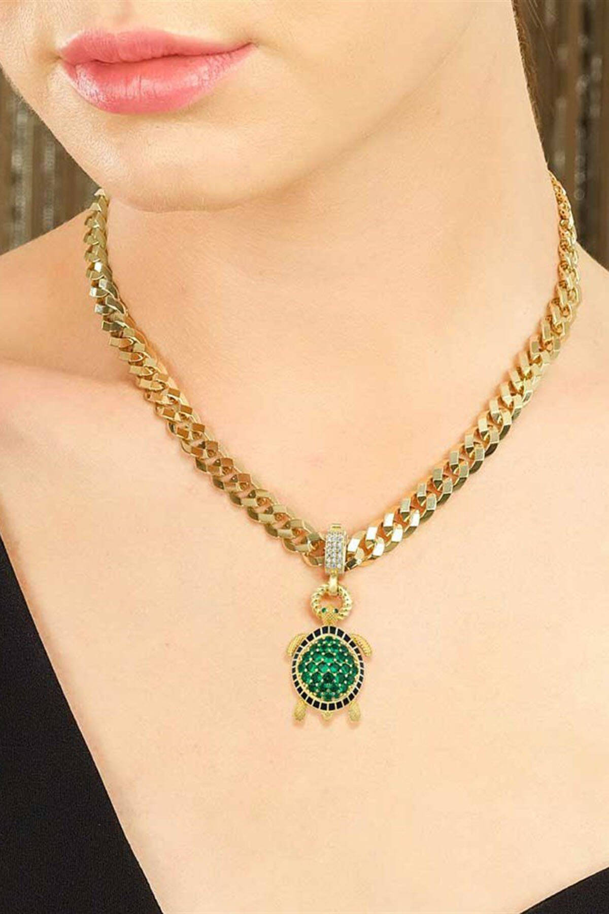 Çağla Ema Yeşil Taşlı Kaplumbağa Kolye Ucu Charm - 3