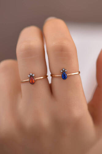 Kırmızı Taşlı Damla Altın Yüzük - 