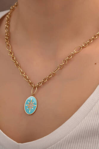 Mavi Kuzey Yıldızı Altın Kolye - 