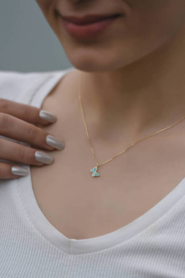 Mavi Mineli Altın Kelebek Kolye - 1