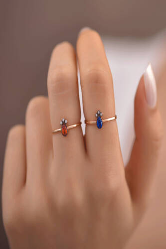 Mavi Taşlı Damla Altın Yüzük - 