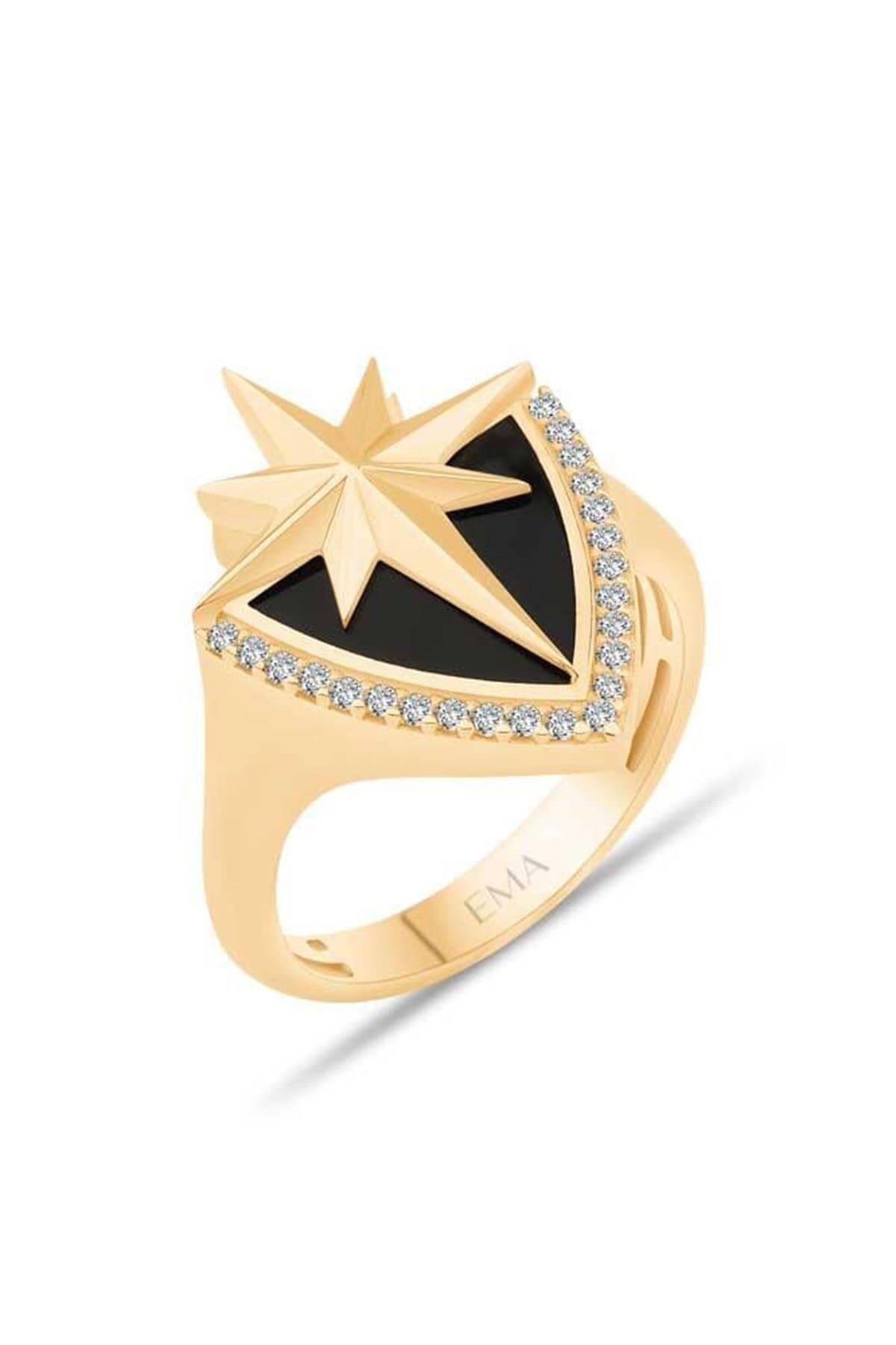 Siyah Mineli Taşlı Kuzey Yıldızı Yüzük - 