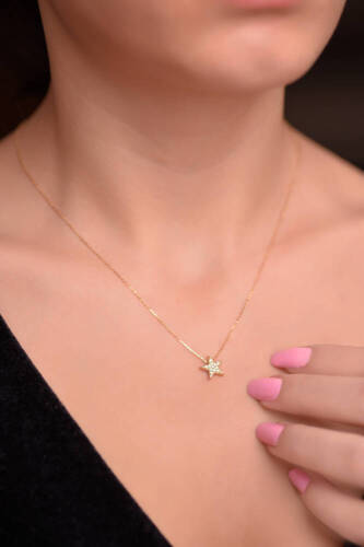 Taşlı Altın Yıldız Kolye - 