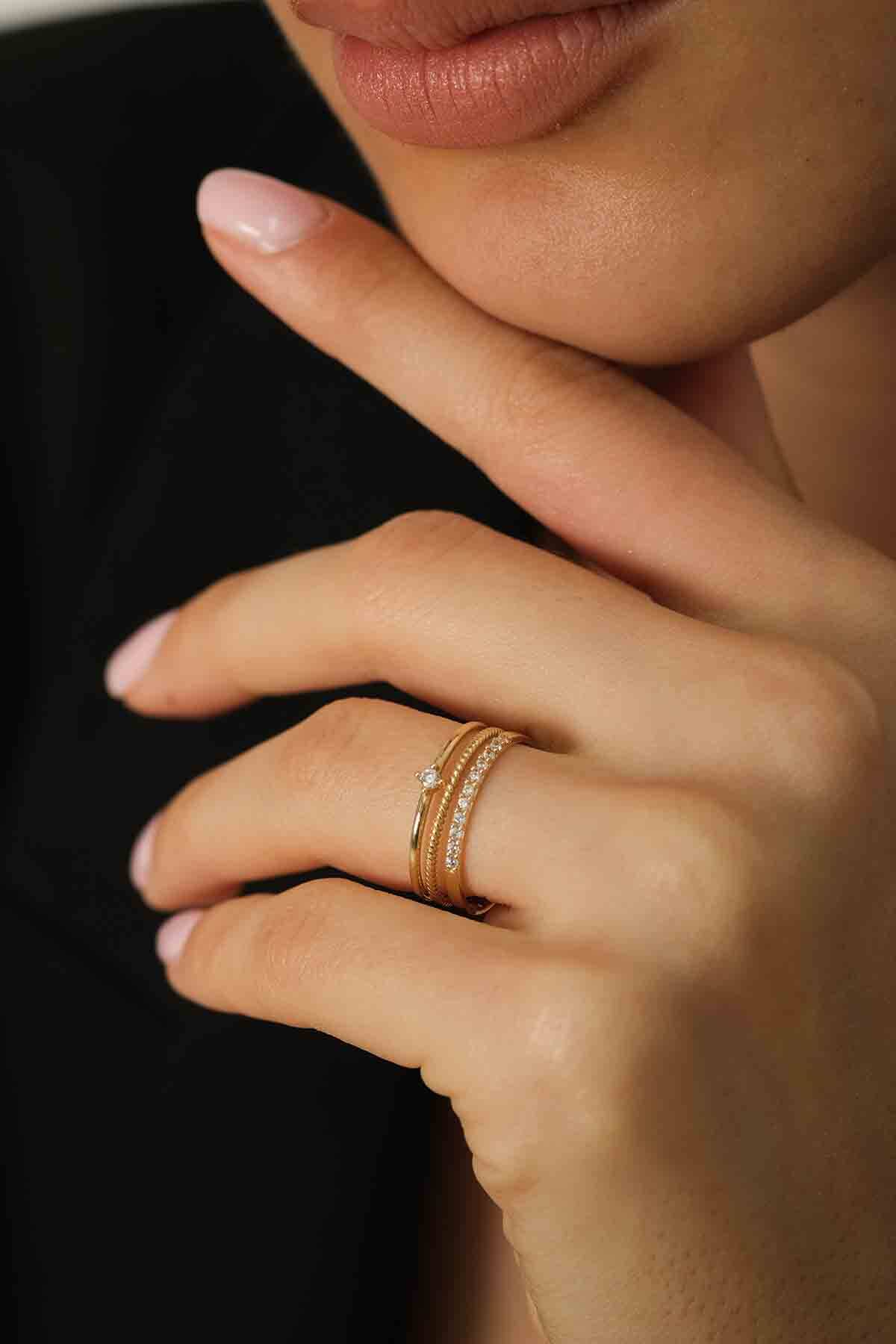 Taşlı Kombin Yüzük - 