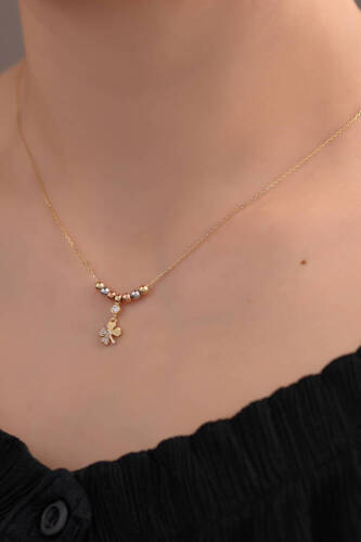 Üç Renk Toplu Yonca Altın Kolye - 