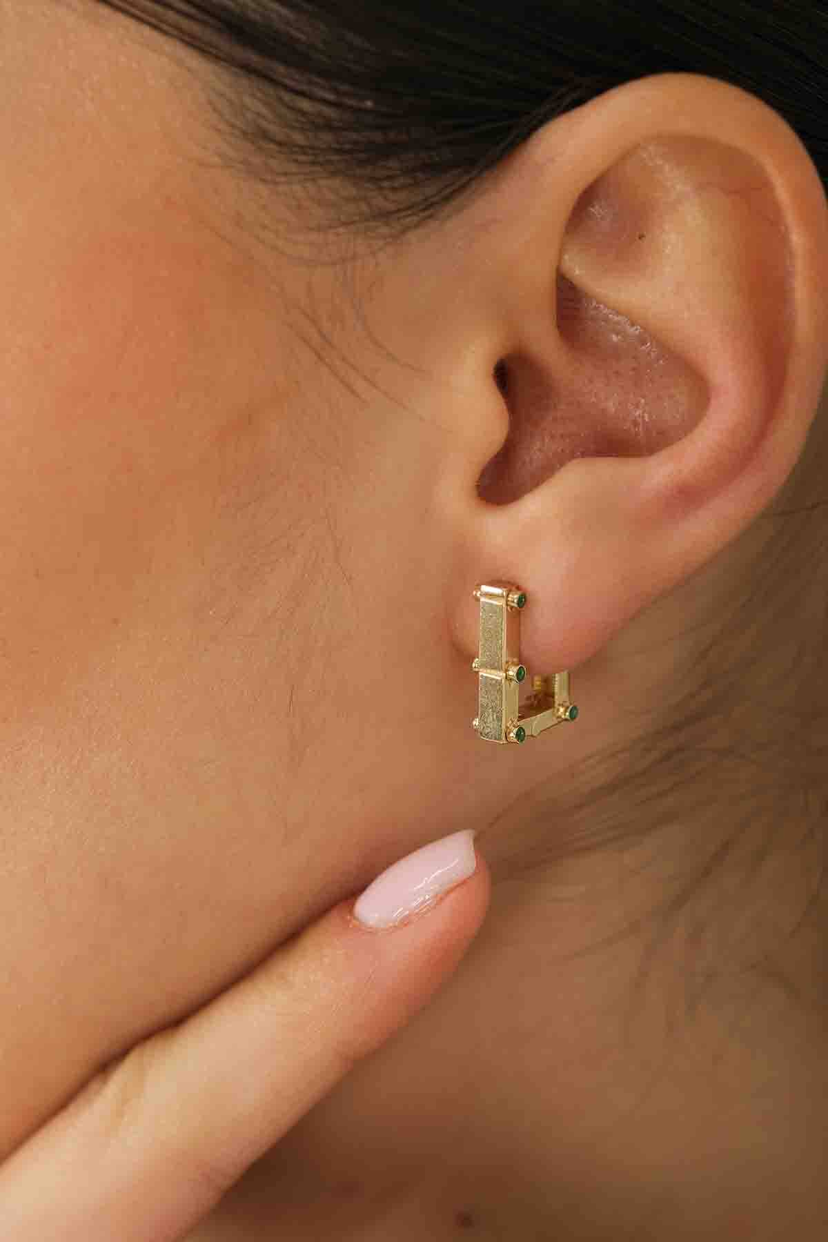 Yeşil Taşlı Dikdörtgen Küpe - (1)