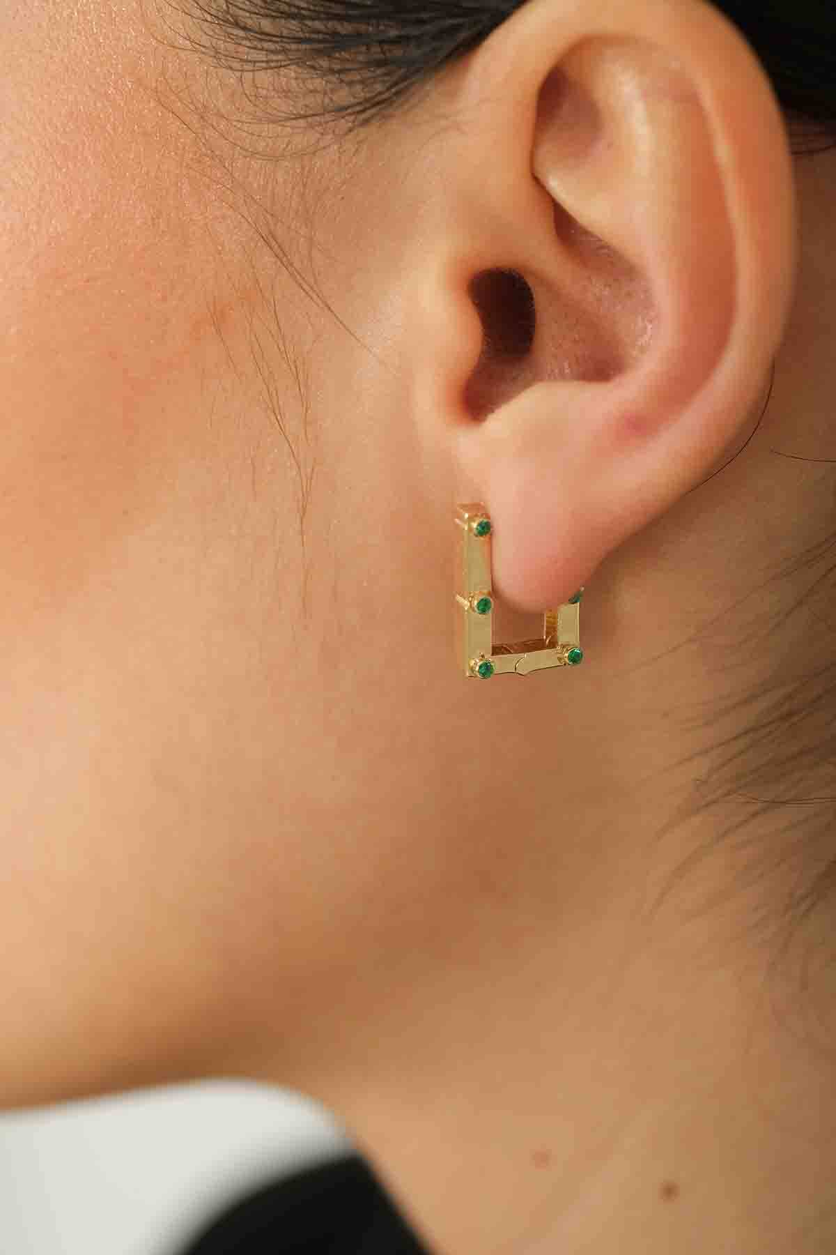 Yeşil Taşlı Dikdörtgen Küpe - 3